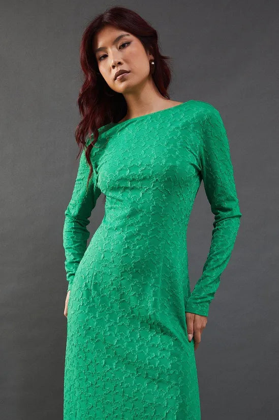 Jersey Jacquard Slash Neck Scoop Back Midi Dress
