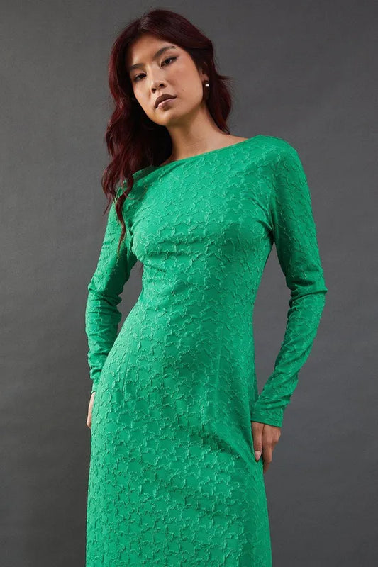 Jersey Jacquard Slash Neck Scoop Back Midi Dress