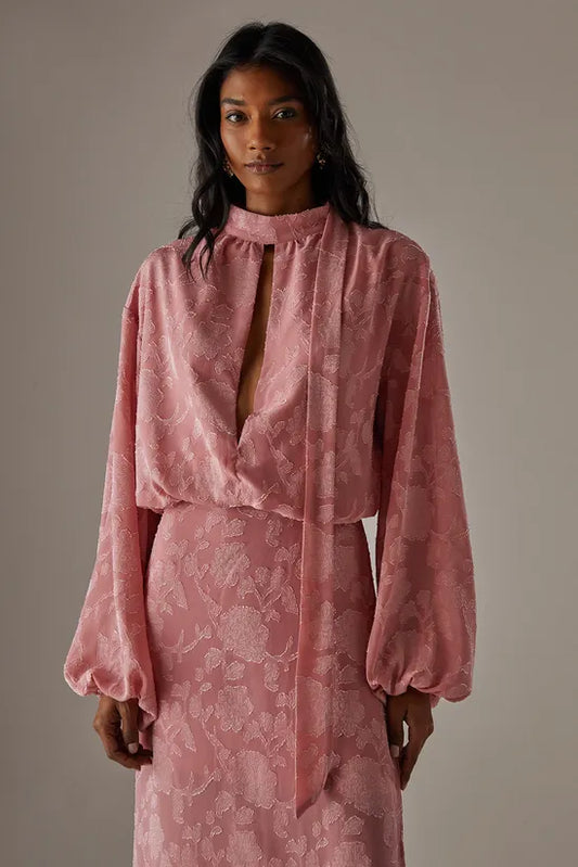 Chiffon Jacquard High Neck Slash Front Blouse