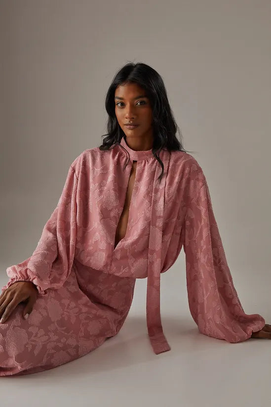 Chiffon Jacquard High Neck Slash Front Blouse