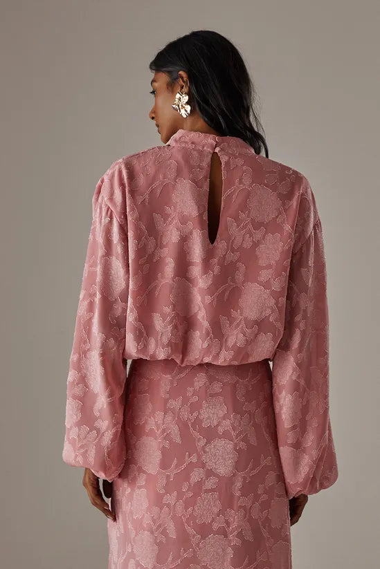 Chiffon Jacquard High Neck Slash Front Blouse