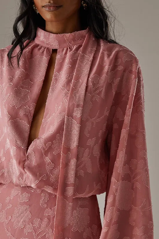 Chiffon Jacquard High Neck Slash Front Blouse