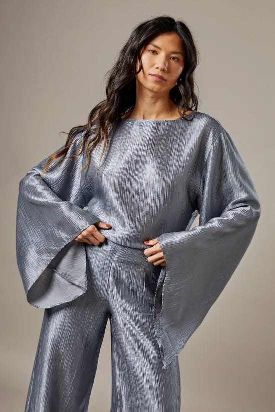 Crinkle Satin Waterfall Sleeve Top