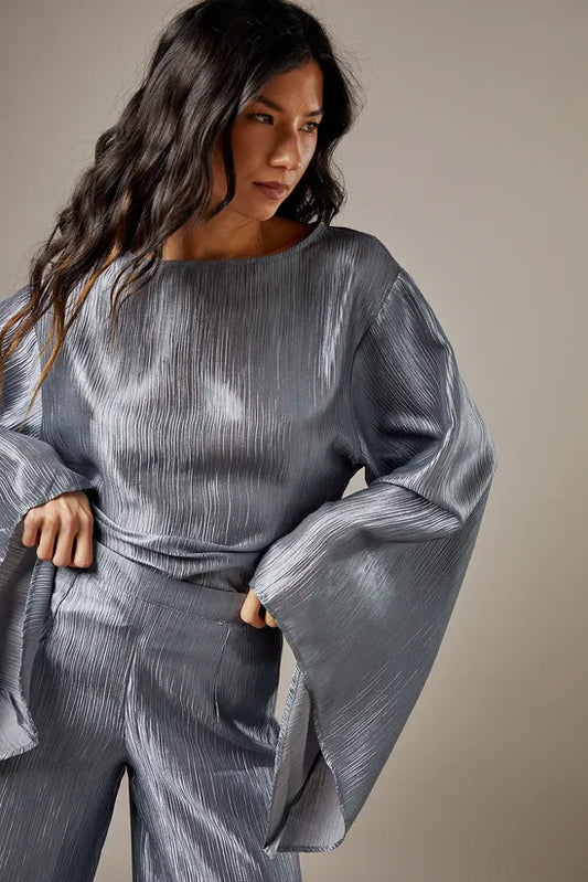 Crinkle Satin Waterfall Sleeve Top