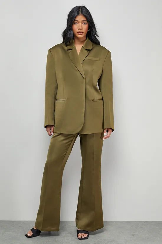 Premium Satin Clean Waistband Flare Trousers Co-ord
