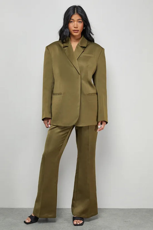 Premium Satin Clean Waistband Flare Trousers Co-ord